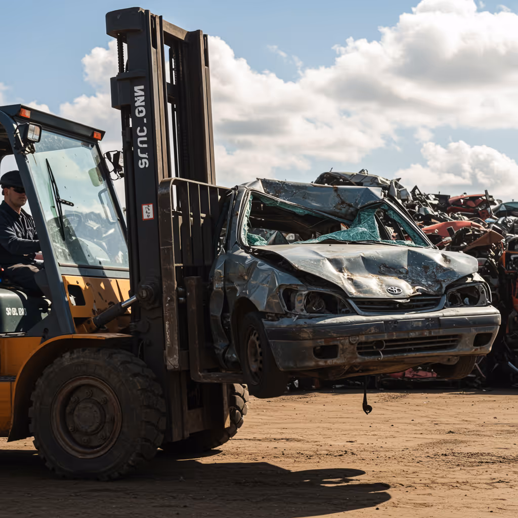 Gabelstapler transportiert ein Altfahrzeug zum Schrottplatz – Teil der Autoentsorgung und Fahrzeugverwertung